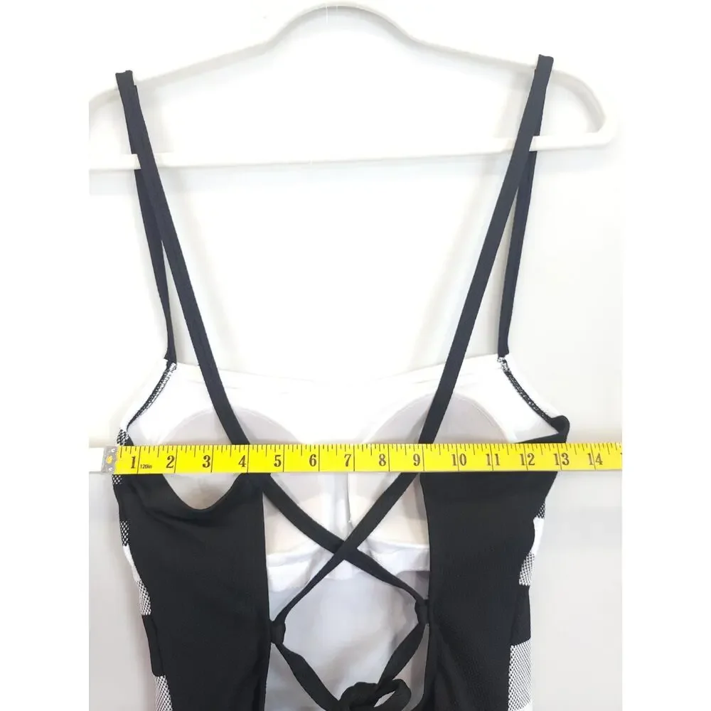 Kona Sol Bathing Suit Cross Back 1 Pc Women L Adjustable Strap Black White Beach